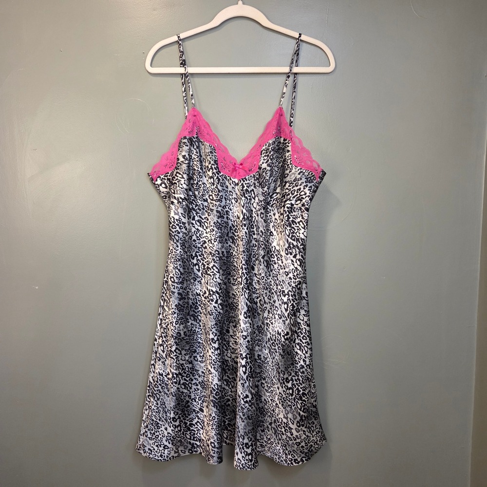 Ambrielle Women's Leopard Print Satin Mini Slip Dress Size XL Lace Trim